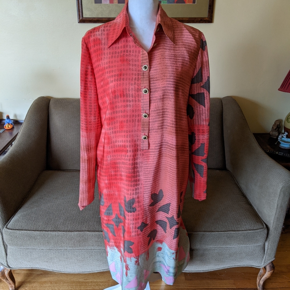 Vintage Anne Crimmons For UMI Collection Silk Coral and Gray Button-Up Dress 10